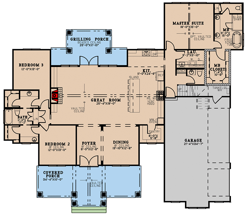 Plan 70801MK: 3-Bed Country Craftsman Home Plan with Large Bonus Room Above 3-Car Garage - Floor Plan - Main Level - Country, Craftsman, Mountain, New American