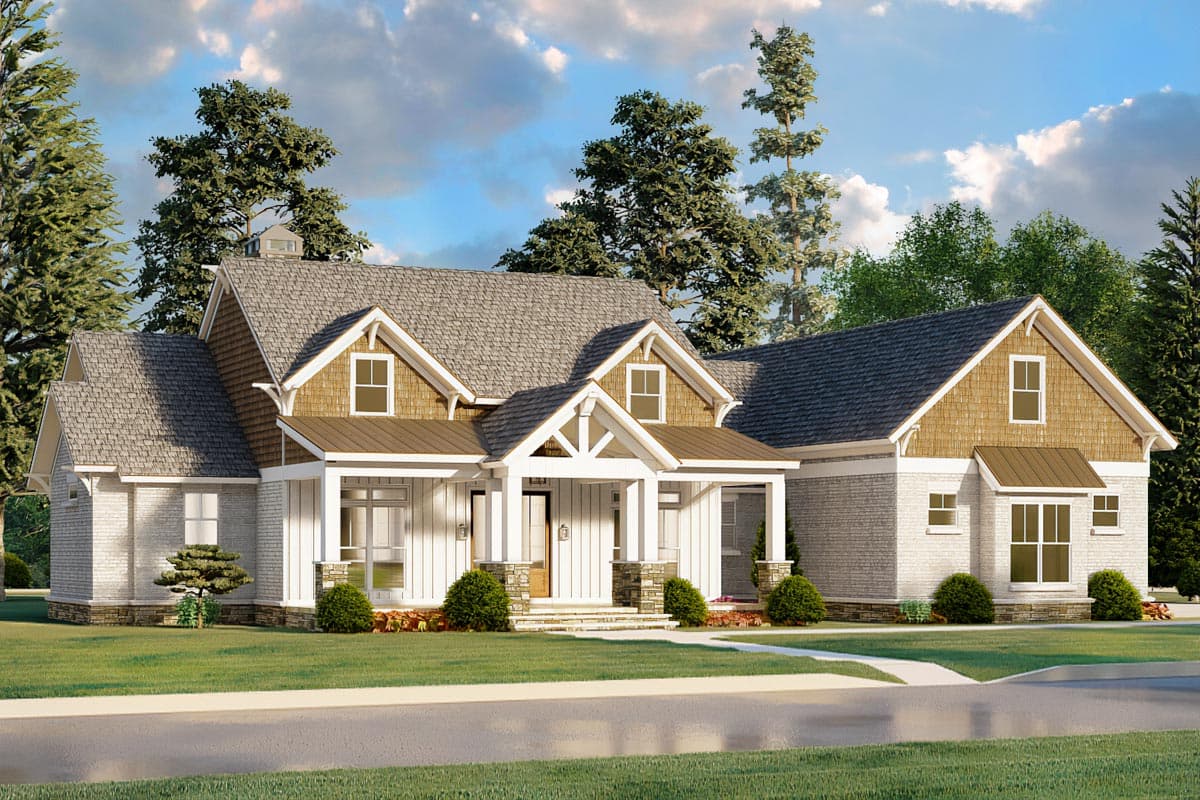 House plan exterior. Two-story Modern Farmhouse with gables, a covered porch, and a mix of brick and siding. Features dormers and varied rooflines.