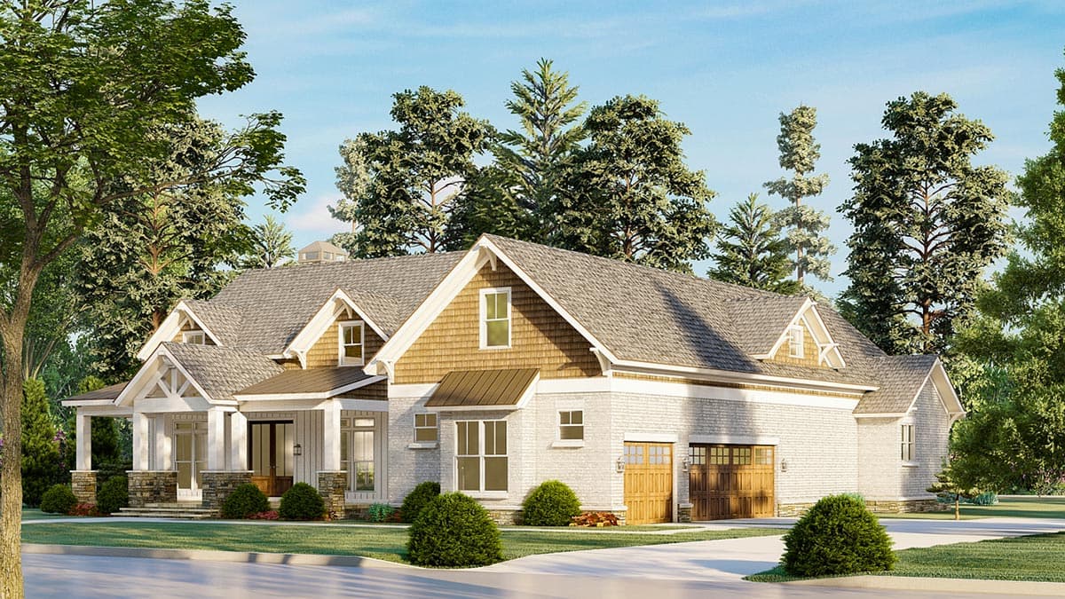 House plan exterior: Ranch style with stone accents, covered porch, dormers, and a two-car garage.