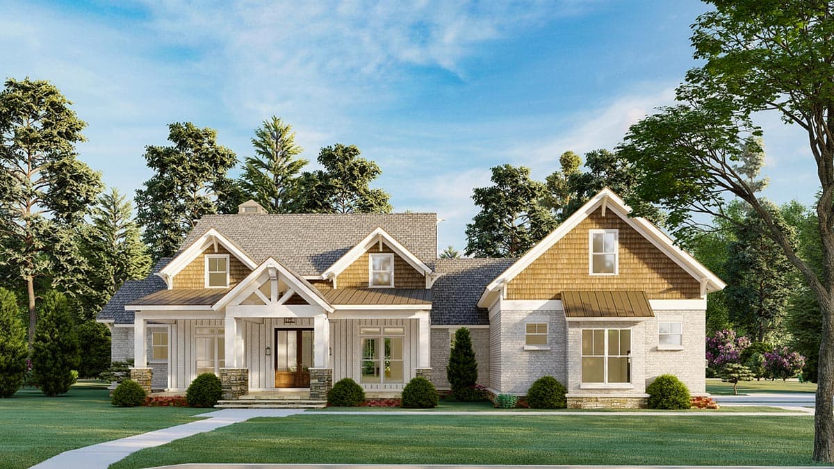 House plan exterior: Modern Farmhouse style, two stories, covered porch with stone pillars, multiple gables, wood shingle accents.