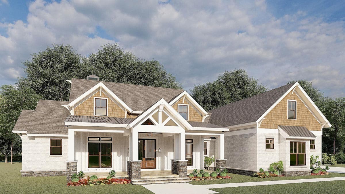 Modern Farmhouse house plan exterior with wrap-around porch, gables, dormers, and stone accents.
