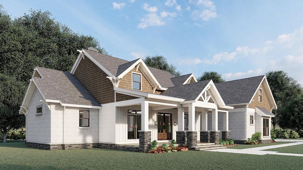 Modern Farmhouse house plan exterior with prominent gables, wood shingle siding, a large covered porch, and brick accents.