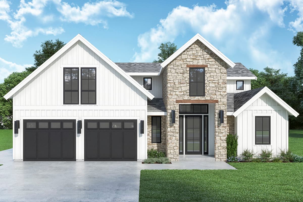 House plan exterior featuring Modern Farmhouse style with two stories, gabled rooflines, stone facade, and a two-car garage.