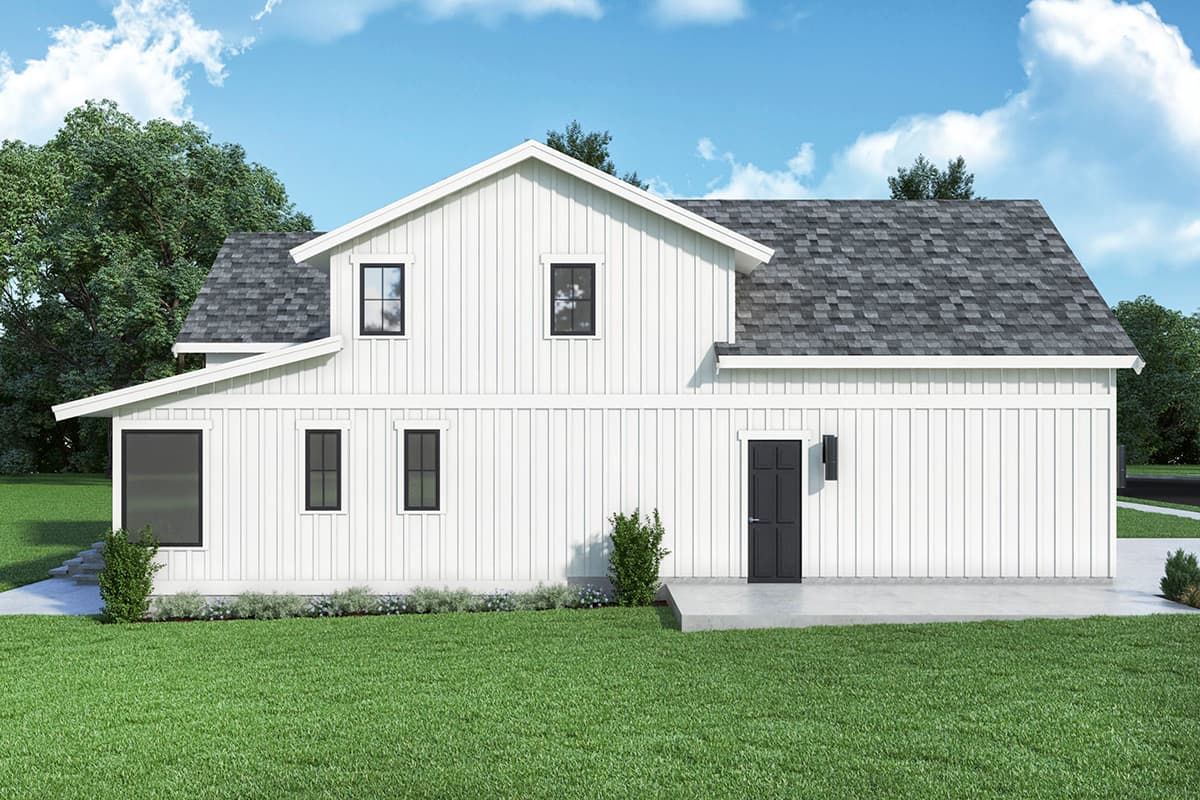 Modern Farmhouse house plan exterior, two stories, white vertical siding, gable roof, and black-framed windows.