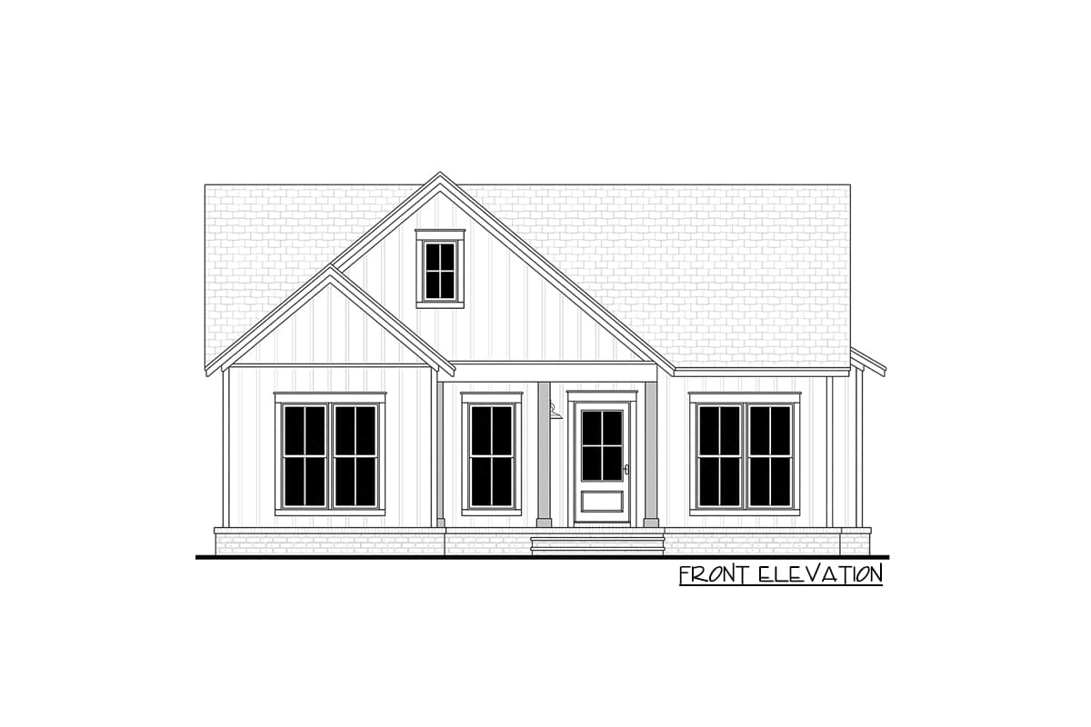 Front elevation of a one-story house plan with a prominent gable, covered porch, and multiple windows.