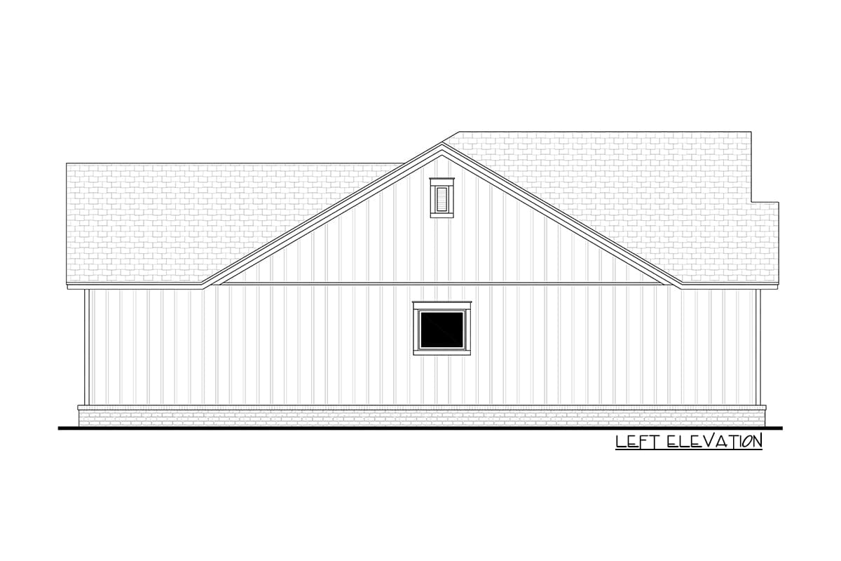 Left elevation house plan with gable roof, vertical siding, and two windows.