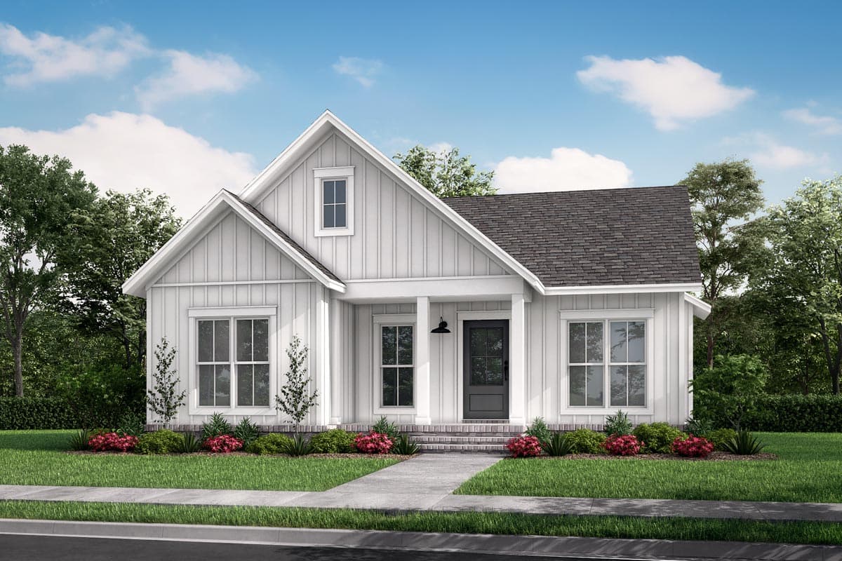 House plan exterior. Modern Farmhouse style with a single story, front-facing gable, and covered porch with columns.