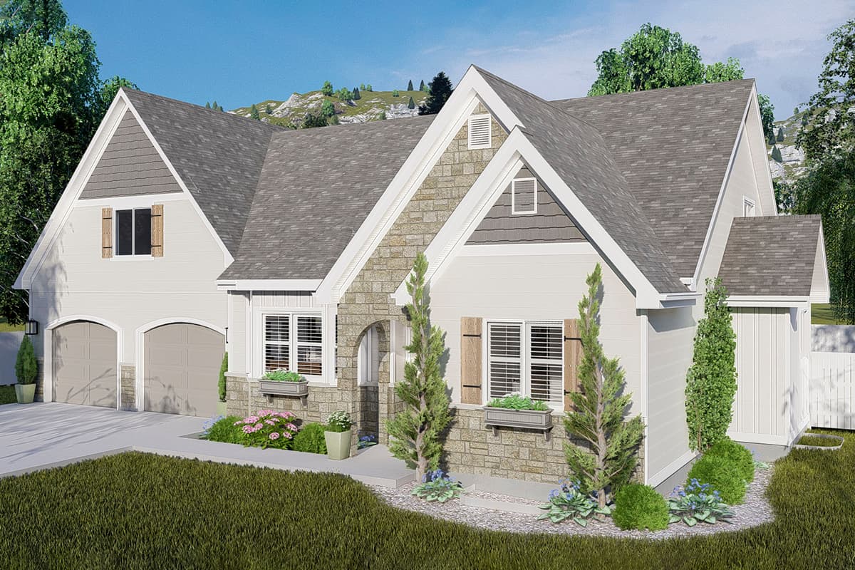 House plan exterior: Modern Farmhouse style, two stories, side-entry garage, stone accents, and prominent gables.