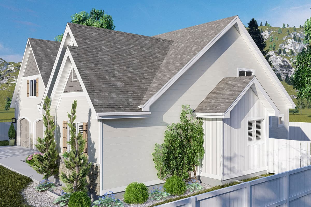 Modern Farmhouse style house plan exterior with a two-car garage, prominent gables, and varied siding materials.