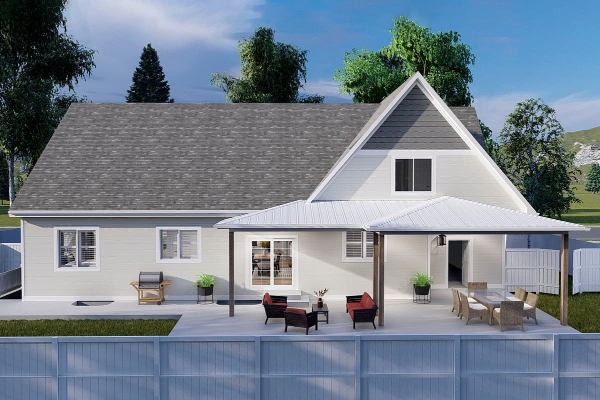 House plan exterior: One-story modern farmhouse with a gable roof, covered patio, and large rear windows.