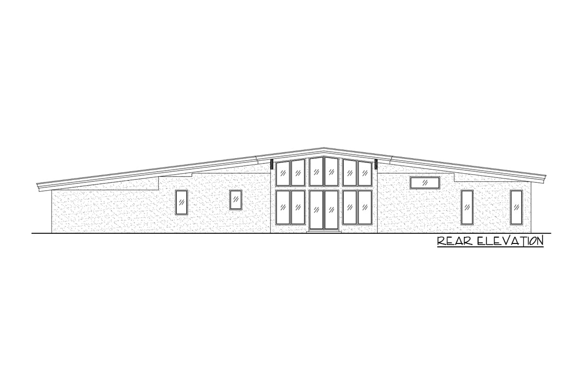 Rear elevation drawing of a single-story house with a prominent asymmetrical gable roofline and a large bank of windows.