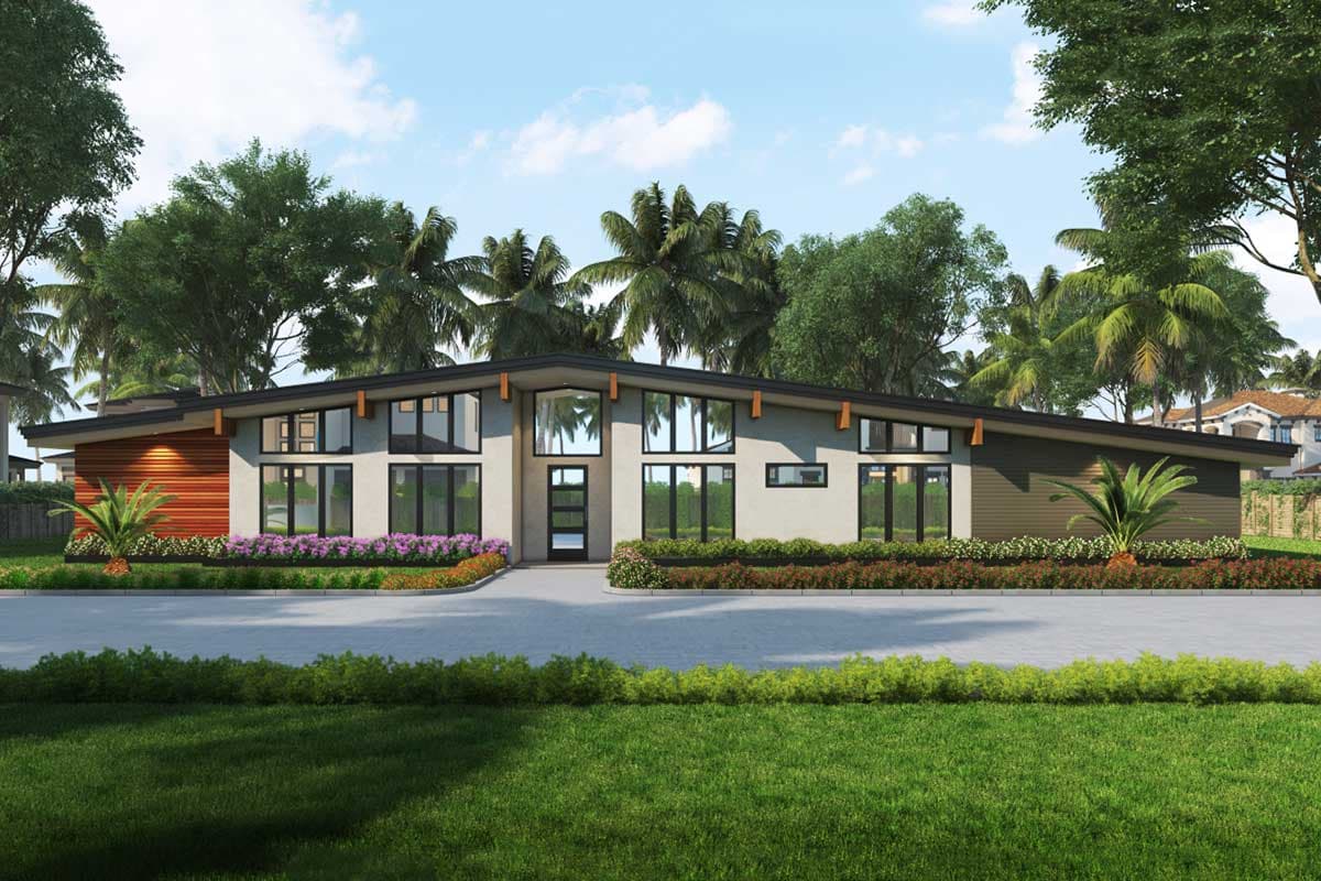 House plan exterior. Modern style, single story home with floor-to-ceiling windows, low-slope roof, and wood siding accents.