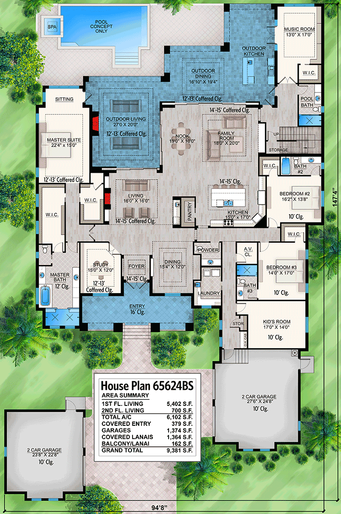 Plan 65624BS: 6-Bed Florida-style Home Plan for Indoor Outdoor Lifestyles - Floor Plan - Main Level - Florida-Style, Southern, Transitional