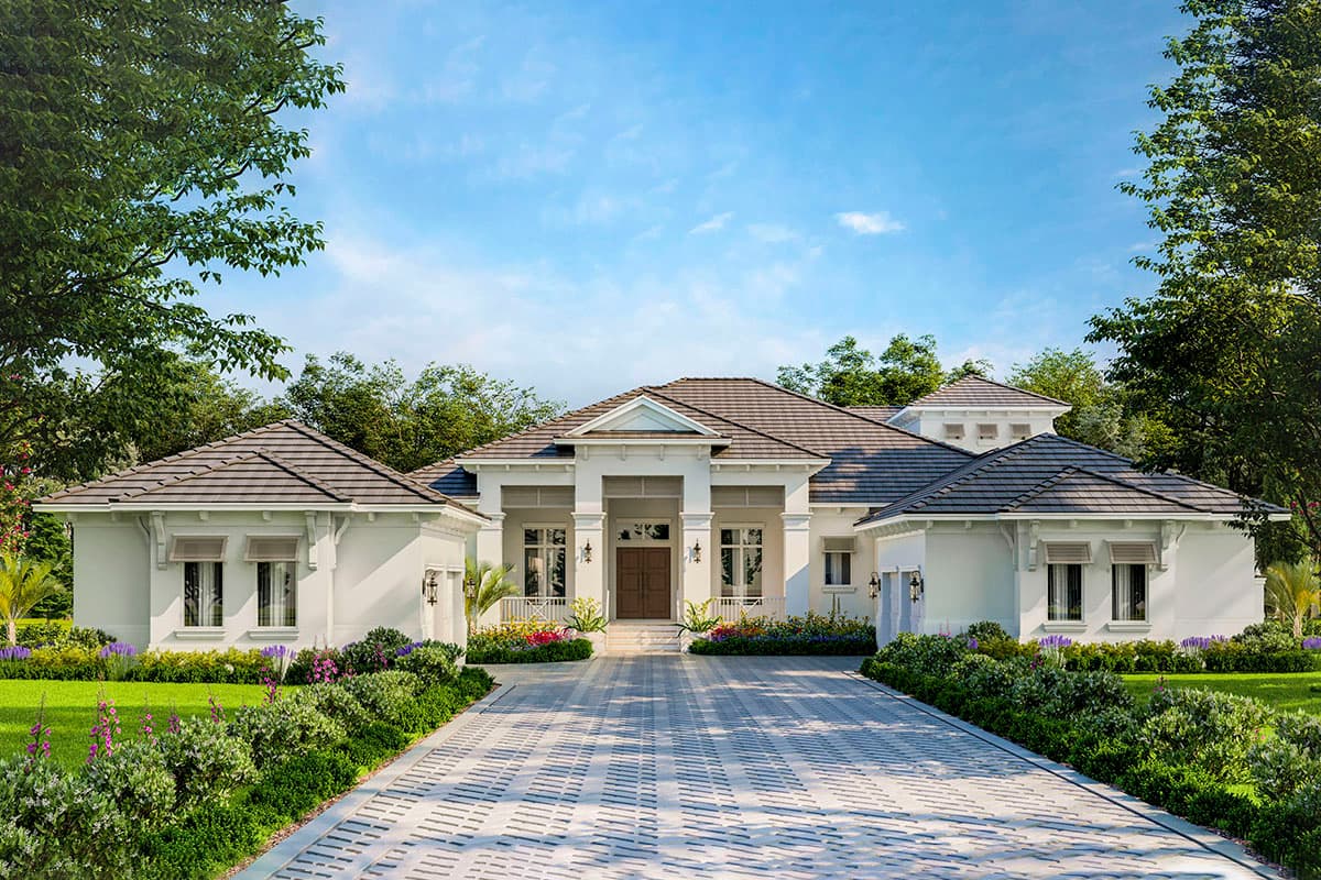 House plan exterior with columns, multiple gabled rooflines, and a symmetrical facade. Includes a driveway and attached garage.