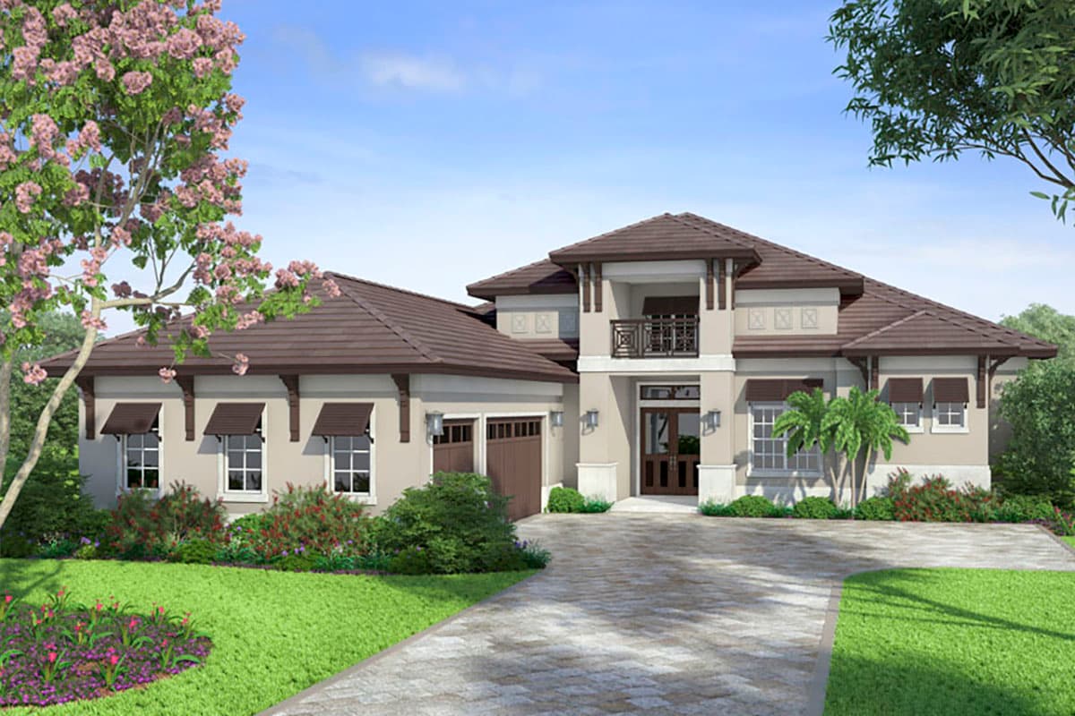 House plan exterior: Two-story residence with a tile roof, balcony, garage, and decorative awnings.