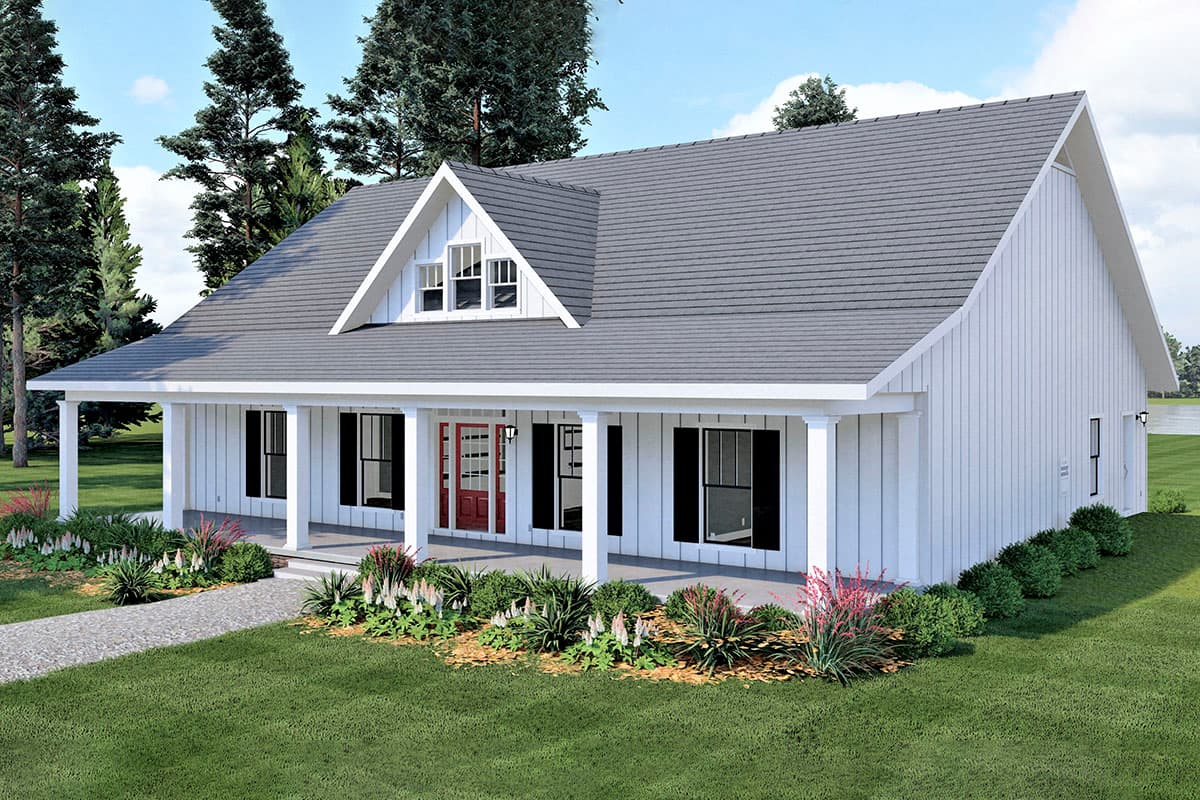House plan exterior: Modern Farmhouse style, one story with full front porch, gabled dormer with triple windows, and board-and-batten siding.