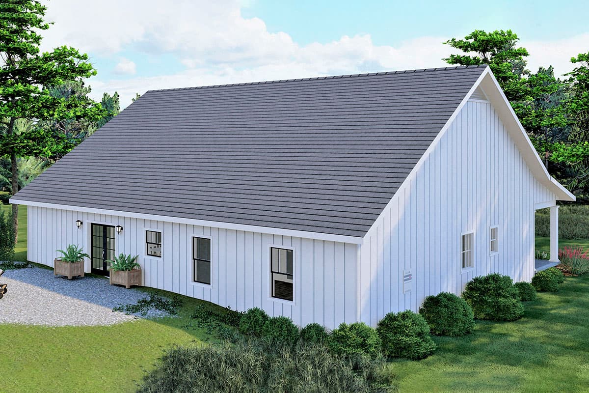 Modern Farmhouse house plan exterior with board and batten siding, gabled roof, and covered porch.