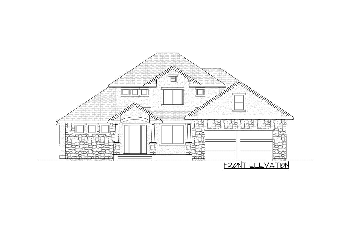 Front elevation drawing of a two-story house plan with stone facade, prominent gables, and a double garage.