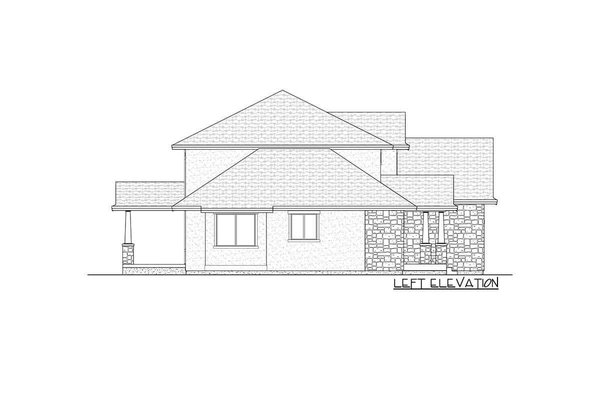 Left elevation drawing of a two-story house plan featuring a covered porch, stone exterior accents, and multiple gables.