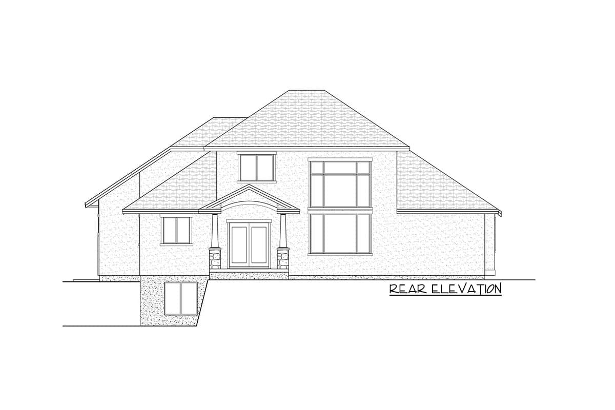 Rear elevation drawing of a two-story house with a covered porch, double doors, and large windows.