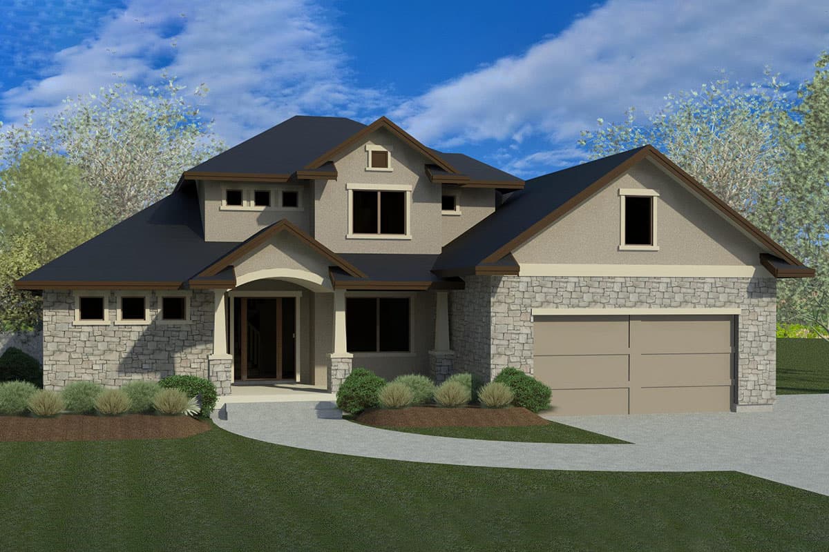 House plan exterior. Two-story, Modern style house with stone facade, gabled roof, and attached garage. Includes covered front entry.