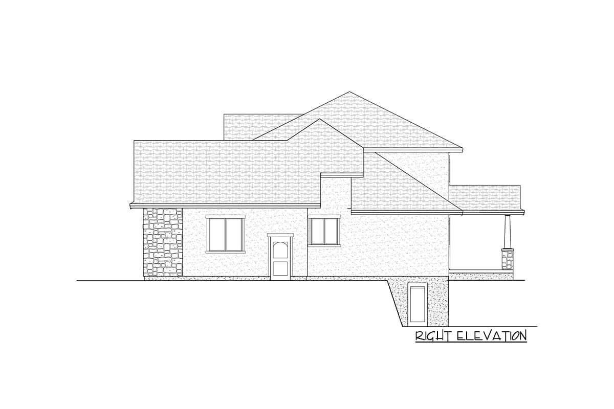 Right elevation of a house plan showing stone accents, a covered porch, and a basement entrance.