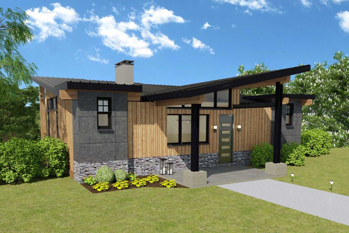 House plan exterior with a modern style, asymmetric rooflines, wood siding, stone foundation, and a covered entryway.