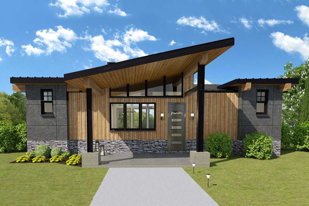 House plan exterior. Modern style with flat roof and sloped entry. Features include wood siding, stone accents, and large windows with black trim.