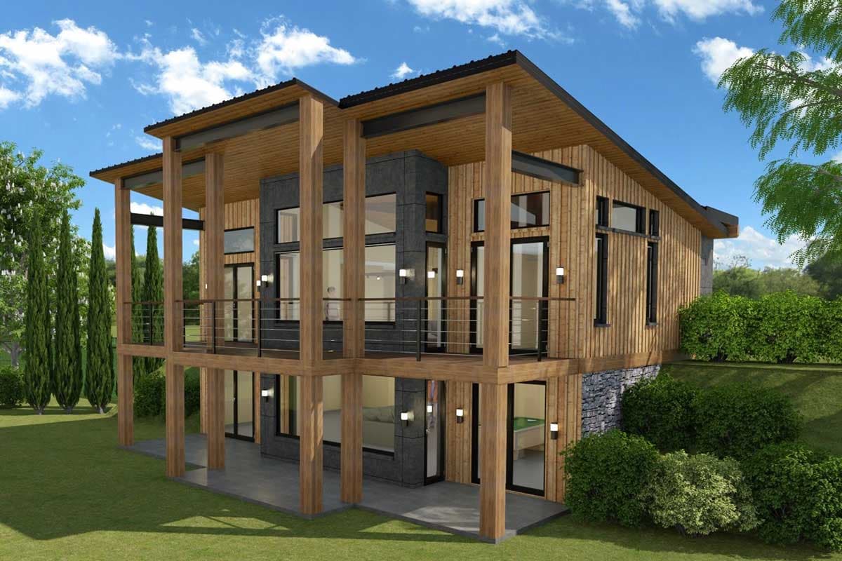 Modern house plan exterior with cantilevered floors, exposed beams, wood siding, stone accents, and a second-story balcony.
