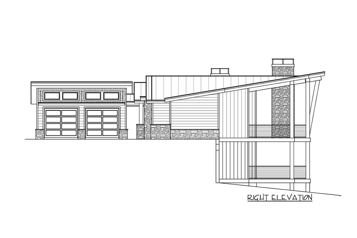 Right elevation drawing of a modern house plan with a two-car garage, sloped rooflines, stone accents, and multiple levels.