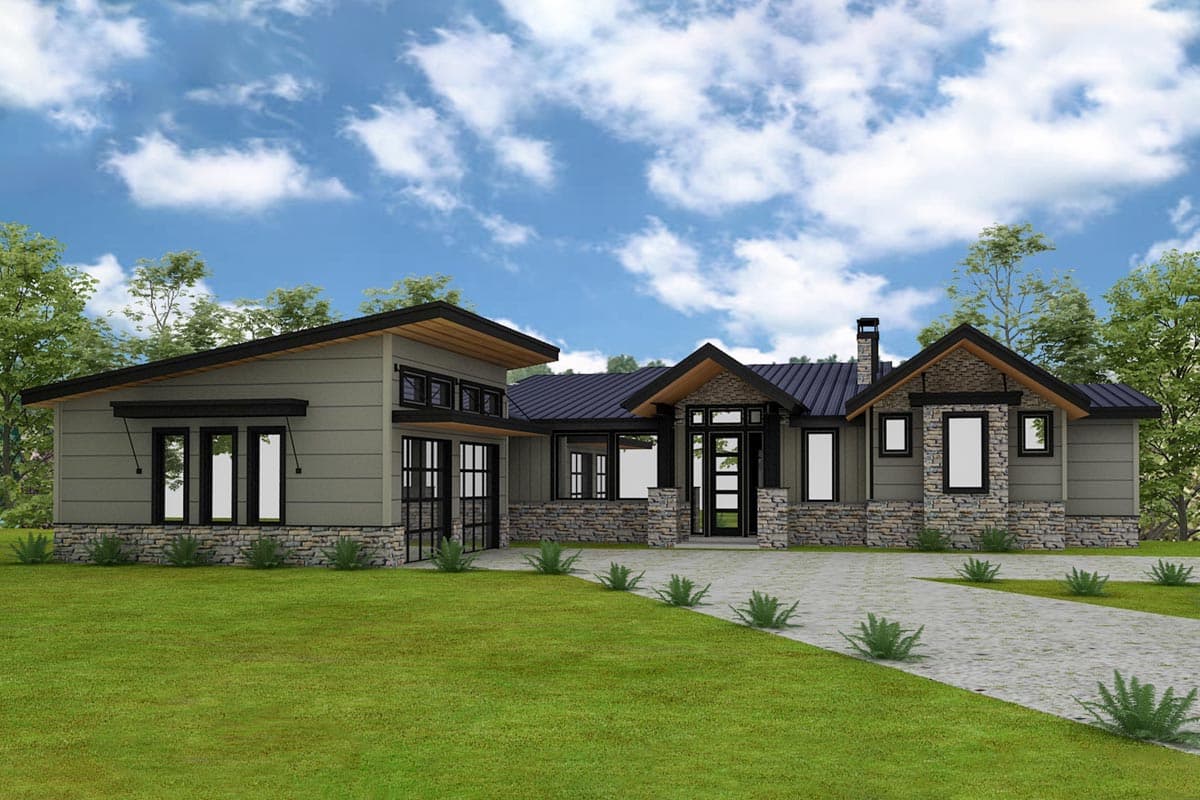House plan exterior with modern style, one story, a stone facade, gable roof, and attached garage. Includes a covered entrance.