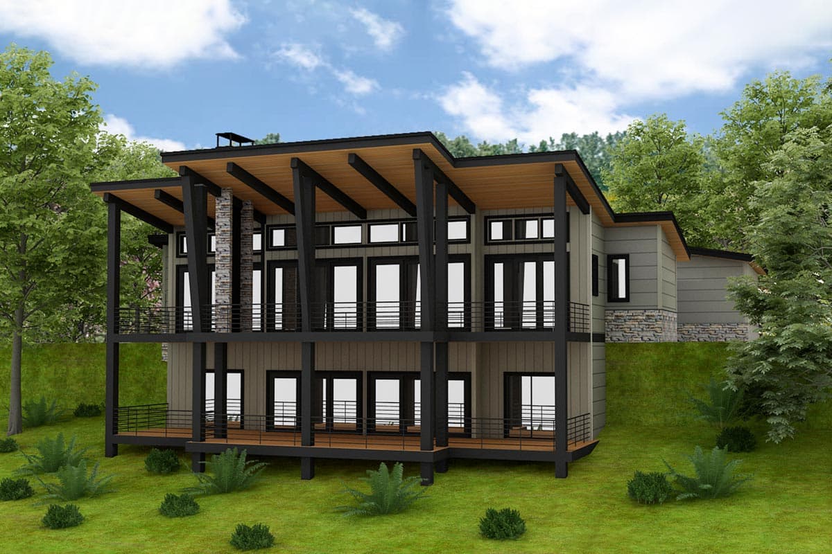 Modern house plan exterior with two stories, cantilevered rooflines, extensive windows, balconies, and stone accents.