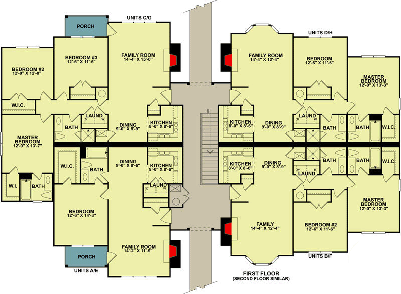 Plan 83143DC: 8-Unit Apartment Complex with 1, 2 and 3 Bedroom Units - Floor Plan - Main Level - Traditional