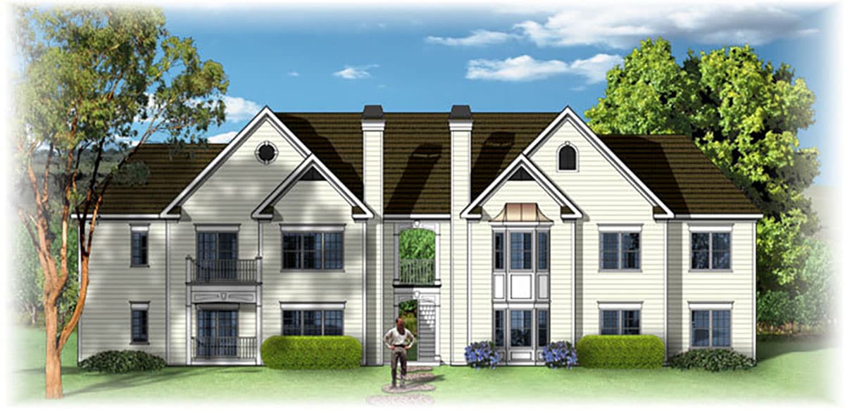 House plan exterior with multiple gables, balcony, and two stories. Features include dormers and a central entryway.