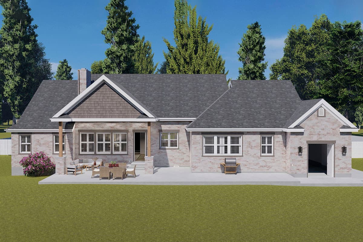 House plan exterior: Two-story Modern Farmhouse with covered patio, gables, and a side-entry garage.
