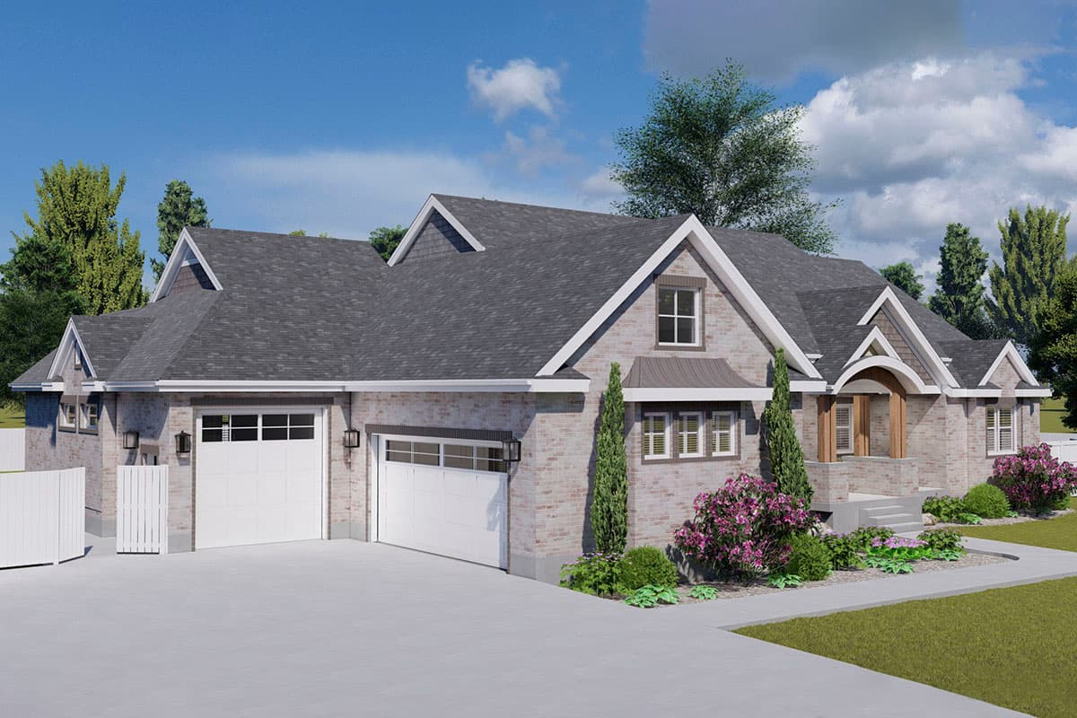 House plan exterior: One-story brick home with a side-entry three-car garage, prominent gables, dormers, and arched entryway.