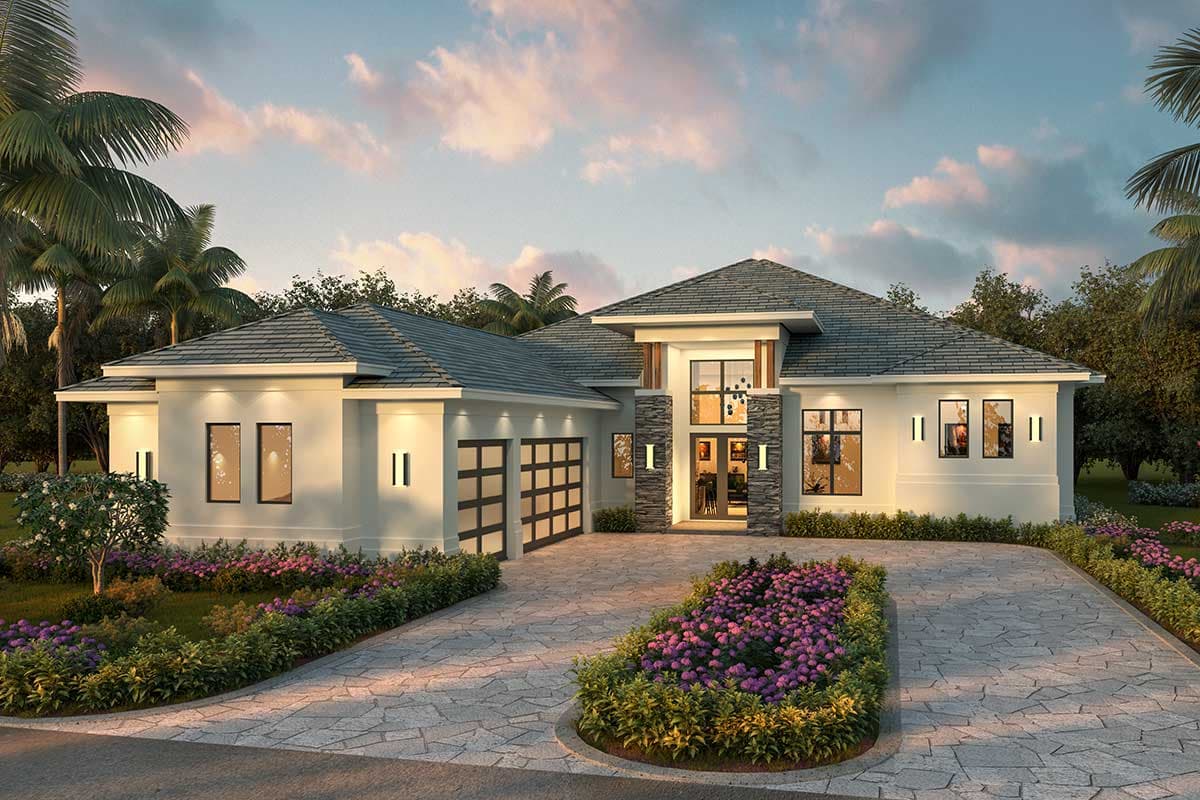 House plan exterior with modern design. Features include a garage, stone accents, and a sloped roof. Landscaping with decorative beds are shown.