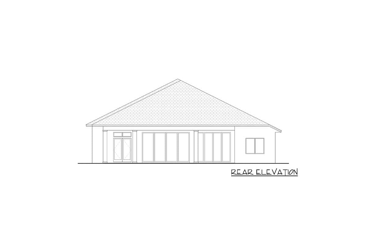 Rear elevation drawing of a house plan featuring a gabled roof, double doors, and multiple large sliding glass doors.