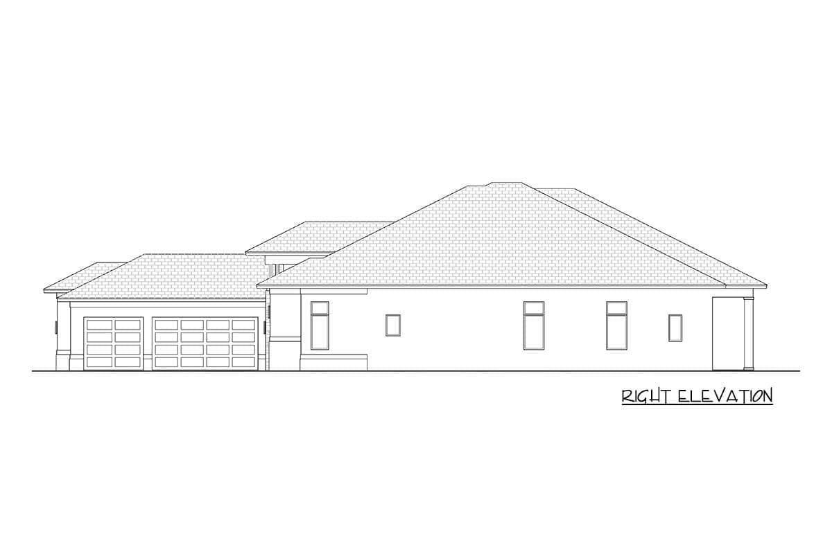 Right elevation house plan showing a single-story home with a three-car garage, multiple gables, and varied rooflines.
