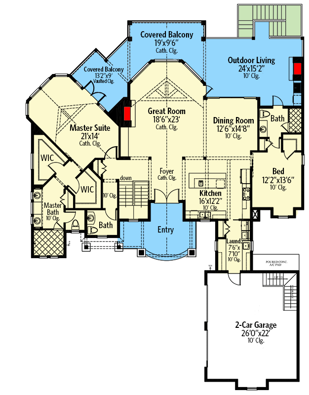 Plan 24128BG: 4-Bed Rugged Craftsman Home Plan for the Rear-sloping Waterfront or Mountain Lot - Floor Plan - Main Level - Country, Craftsman, Mountain, Rustic
