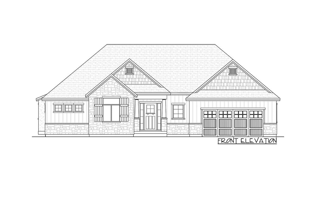 Front elevation drawing of a single-story house plan with stone and shingle siding, prominent gables, and a three-car garage.