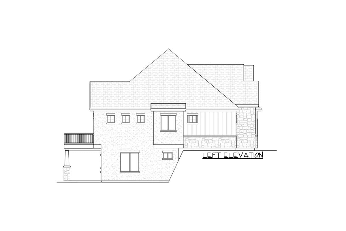Left elevation house plan showing a two-story structure with a prominent gable roof, a covered porch, and varied window arrangements.