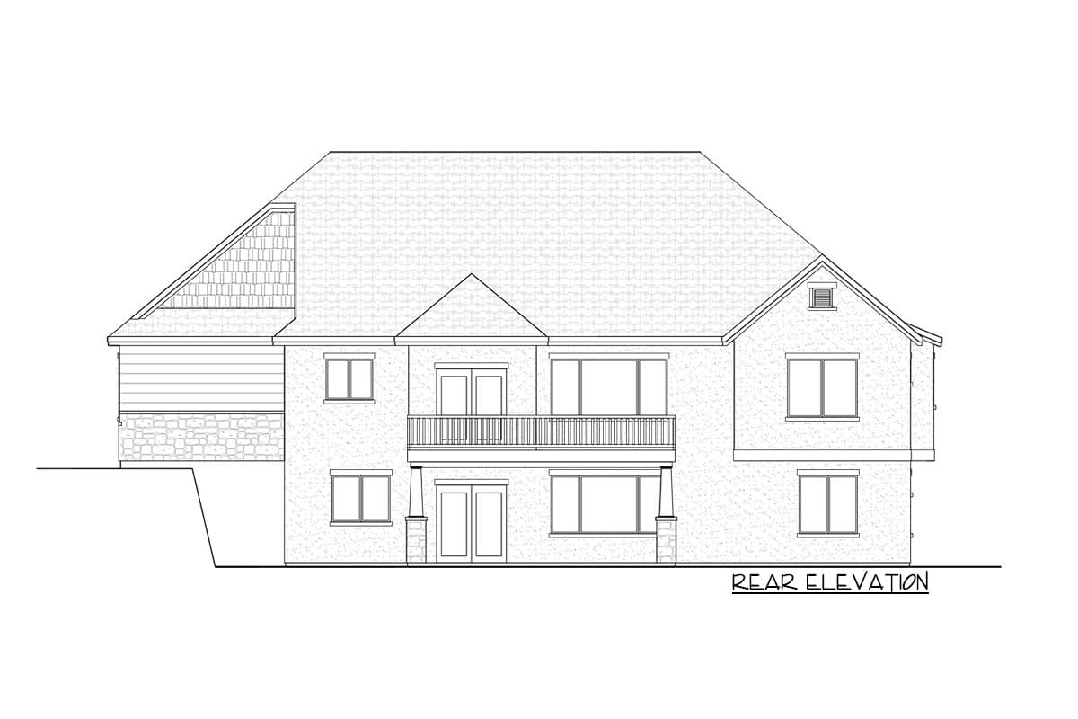 Rear elevation of a two-story house plan with a covered balcony, multiple gables, and varied siding and stone exterior details.