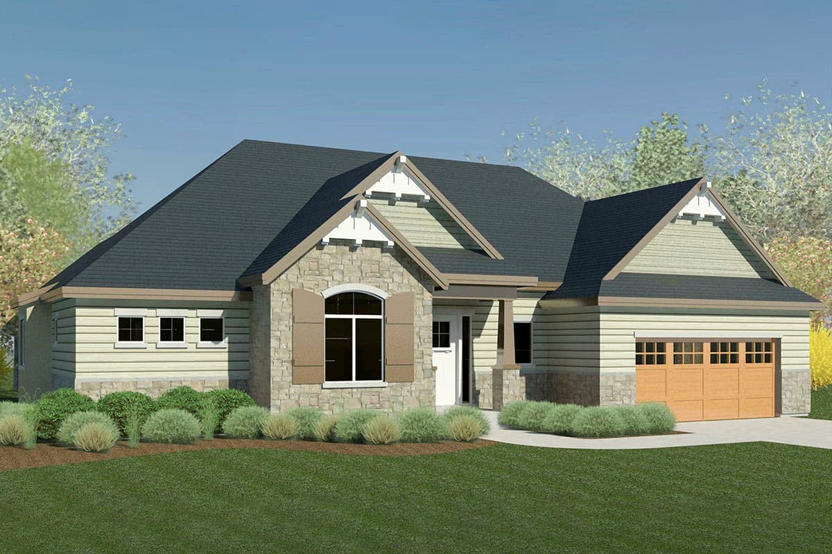 House plan exterior. Ranch-style home with stone facade, multiple gables, and attached garage. Includes front porch and decorative trim.