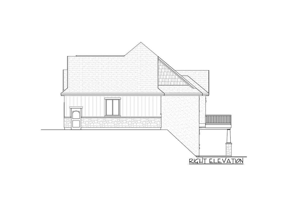 Right elevation house plan: stone base, siding, dormer, gables, and deck.