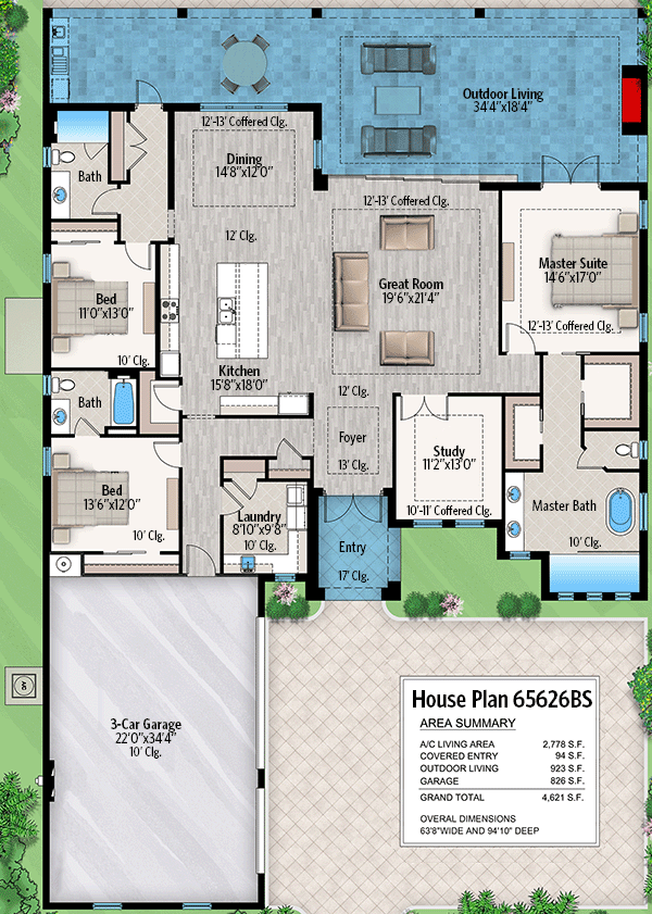 Plan 65626BS: Transitional Florida-style House Plan with Split Bedrooms and Study - Floor Plan - Main Level - Coastal, Contemporary, Florida-Style, Mediterranean, Transitional
