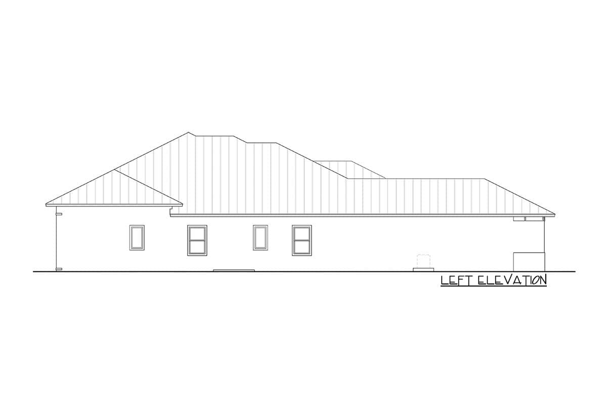 Left elevation drawing of a single-story house plan with multiple gables and a metal roof.