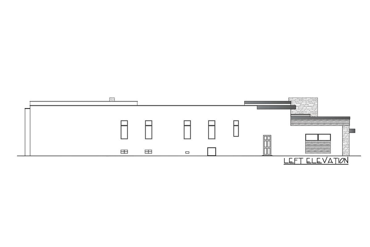 Left elevation house plan showing a flat roof, multiple windows, a door, and stacked stone accents.