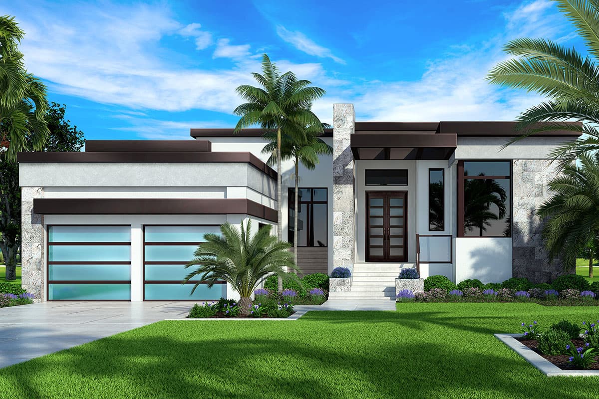 House plan exterior with modern design. Features include flat roof, two-car garage, and large windows. Exterior includes palm trees and landscaping.