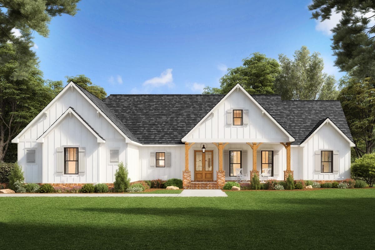 Modern Farmhouse house plan exterior with board and batten siding, prominent gables, and a deep covered porch with wood beams.